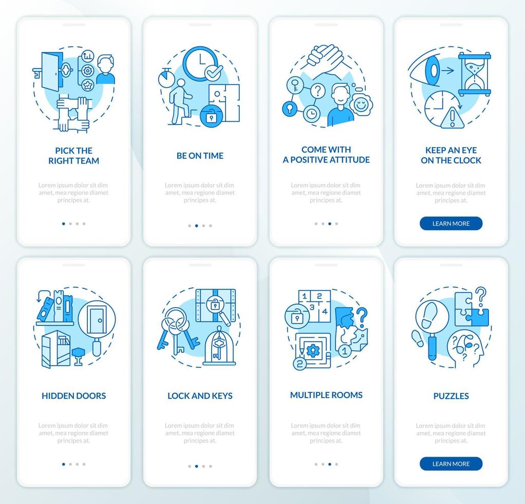 Escape room immersive experience blue onboarding mobile app screen set. Walkthrough 4 steps graphic instructions pages with linear concepts. UI, UX, GUI template. vector