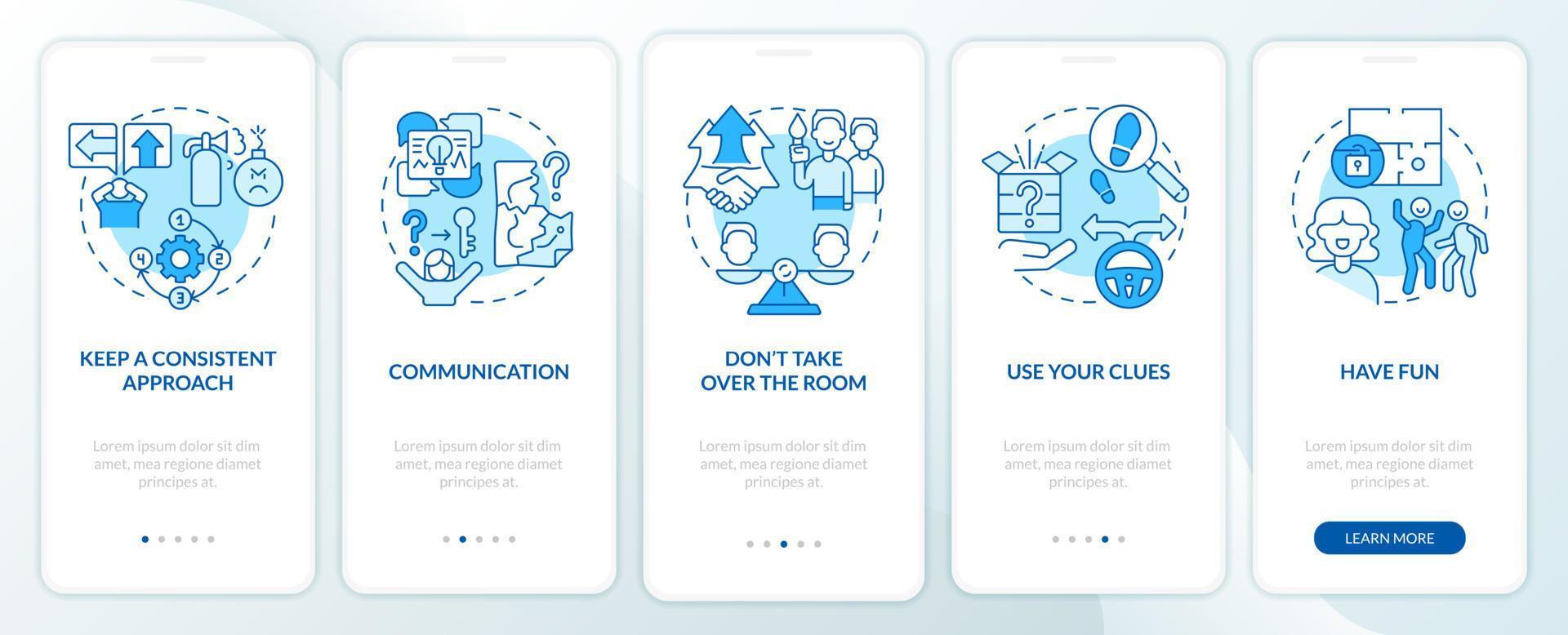 Escape room winning approaches blue onboarding mobile app screen. Walkthrough 5 steps graphic instructions pages with linear concepts. UI, UX, GUI template. vector