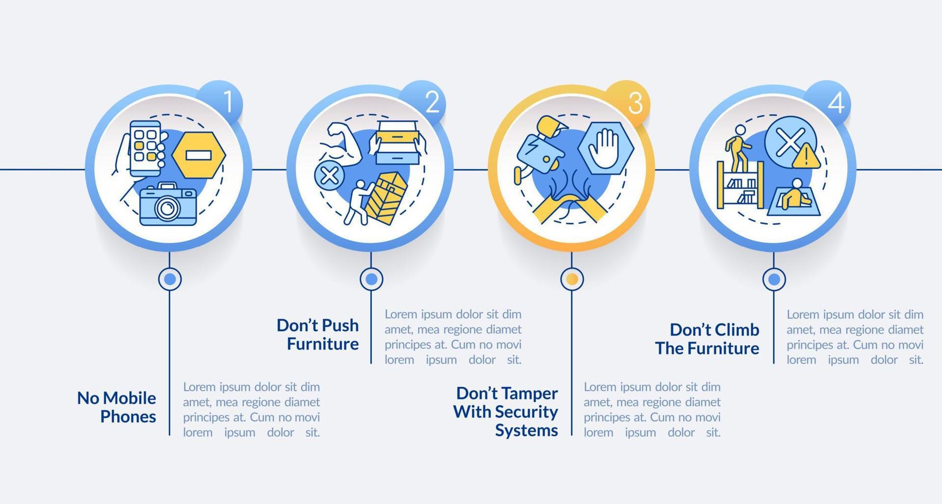 Escape room safety precautions circle infographic template. No phones. Data visualization with 4 steps. Process timeline info chart. Workflow layout with line icons. vector