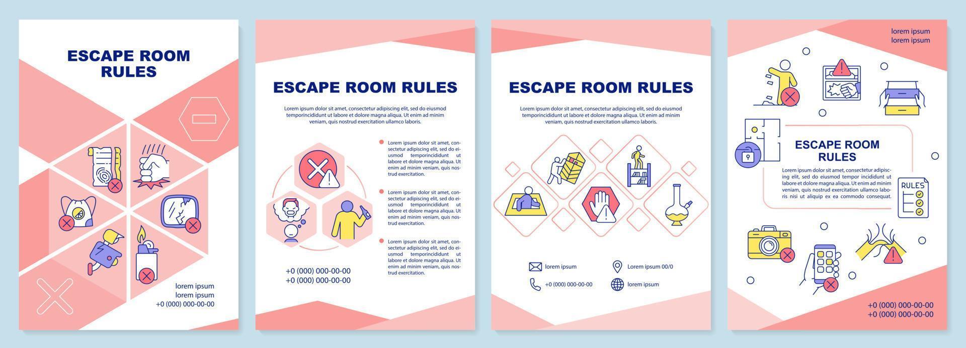 plantilla de folleto rosa de reglas de sala de escape. seguridad de la experiencia de juego. diseño de folletos con iconos lineales. 4 diseños vectoriales para presentación, informes anuales. vector