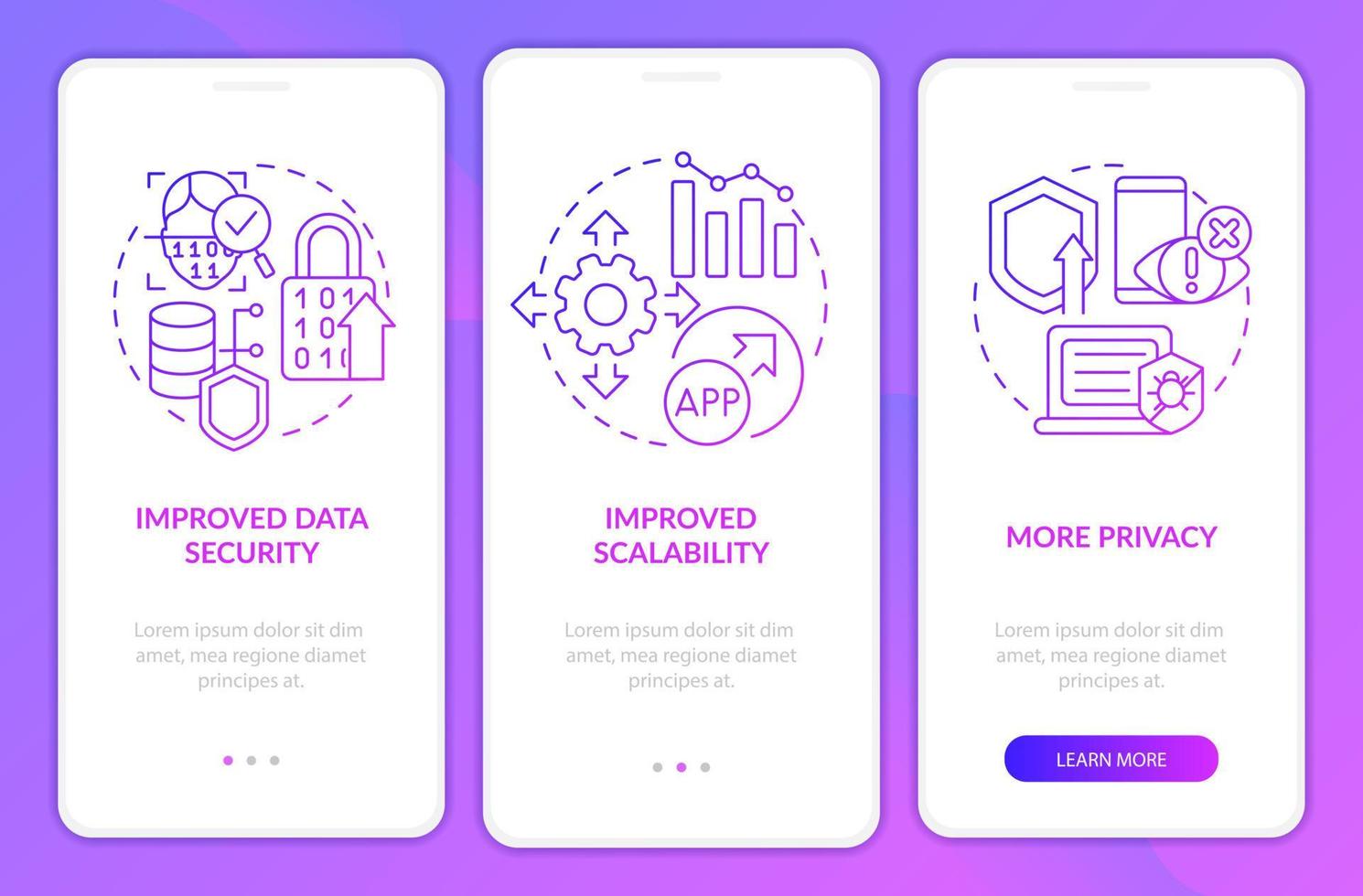 Web 3 0 purple gradient onboarding mobile app screen. No code option walkthrough 3 steps graphic instructions pages with linear concepts. UI, UX, GUI template. vector