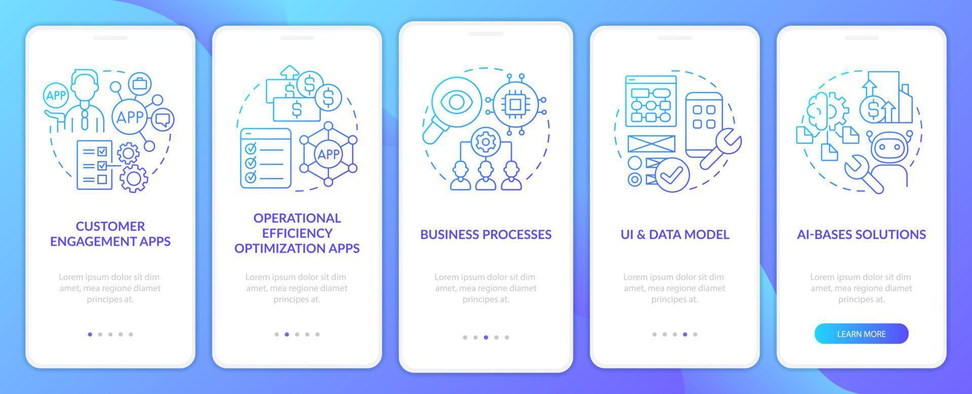 aplicaciones con pantalla de aplicación móvil de incorporación de degradado azul de código bajo. Web tutorial 5 pasos páginas de instrucciones gráficas con conceptos lineales. interfaz de usuario, ux, plantilla de interfaz gráfica de usuario. vector