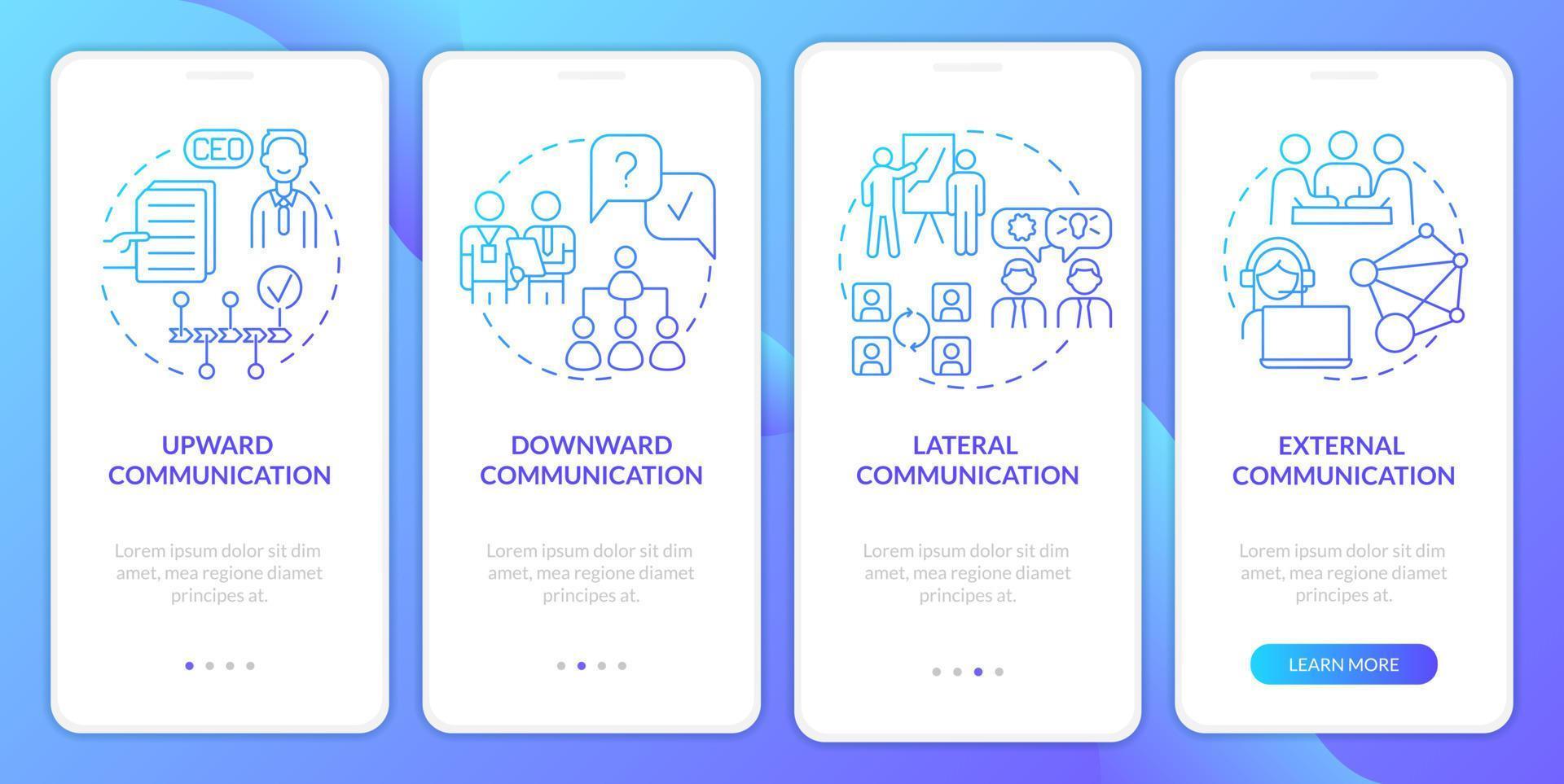 Business conversation types blue gradient onboarding mobile app screen. Walkthrough 4 steps graphic instructions pages with linear concepts. UI, UX, GUI template. vector