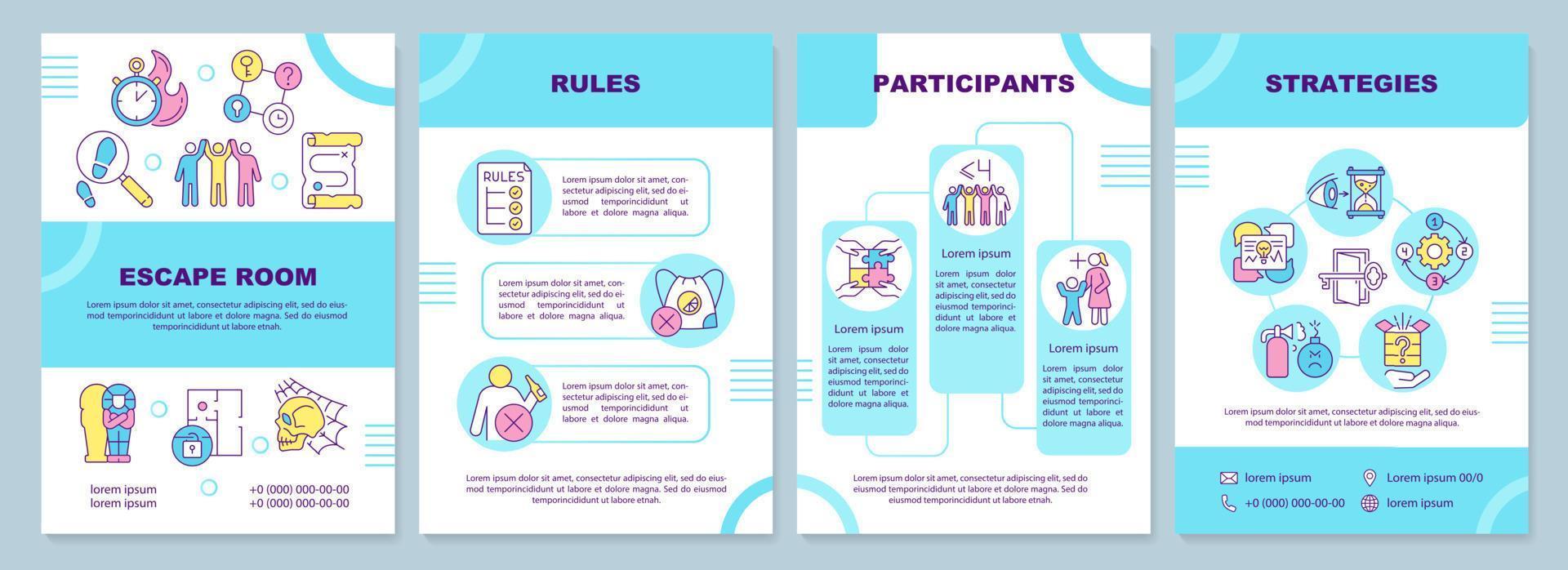 Escape room turquoise brochure template. Rules and participants. Leaflet design with linear icons. 4 vector layouts for presentation, annual reports.