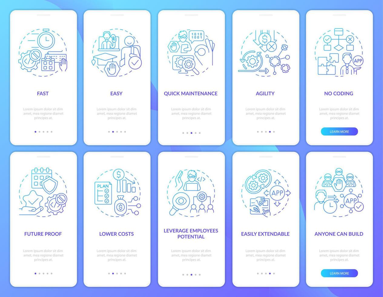 Web 3 0 blue gradient onboarding mobile app screen set. Low code solution walkthrough 5 steps graphic instructions pages with linear concepts. UI, UX, GUI template. vector