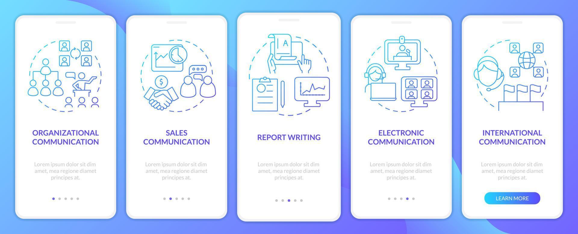 Corporate communication forms blue gradient onboarding mobile app screen. Walkthrough 5 steps graphic instructions pages with linear concepts. UI, UX, GUI template. vector