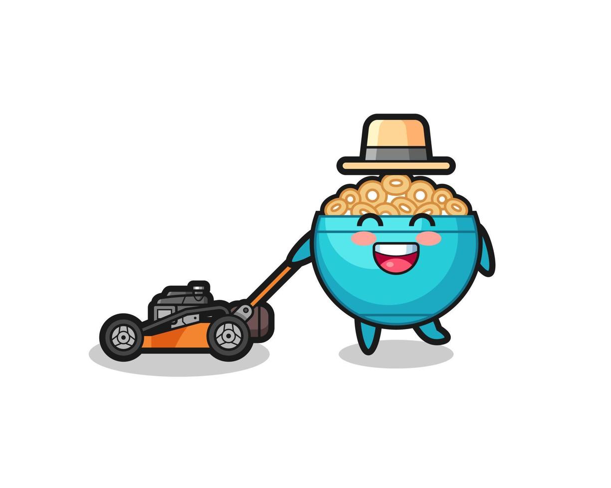 illustration of the cereal bowl character using lawn mower vector