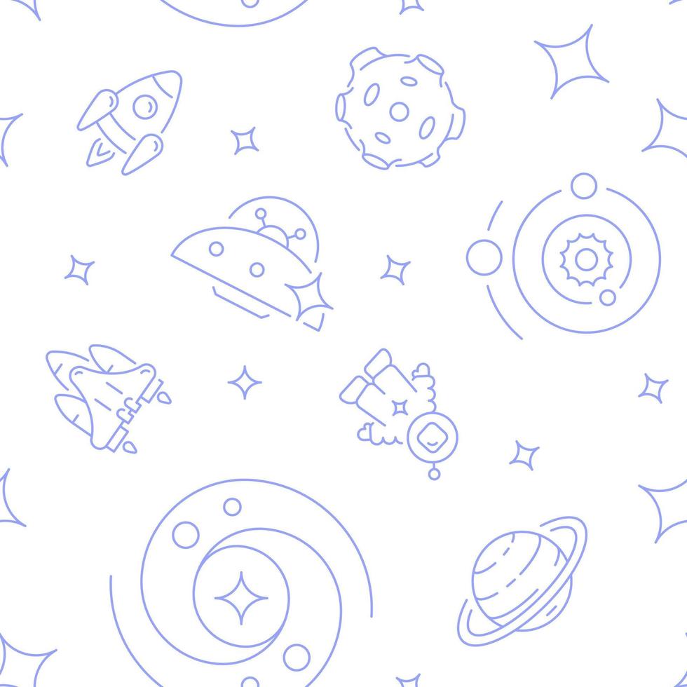 Cosmonaut and spacecraft abstract seamless pattern. Vector shapes on white background. Trendy texture with cartoon color icons. Design with graphic elements for interior, fabric, website decoration