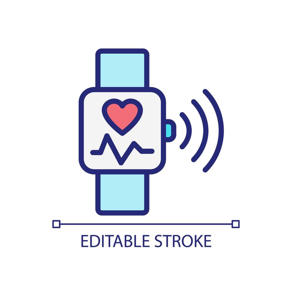 Heart rate monitoring pixel perfect RGB color icon. Pulse control on smart watch app. Internet of Things. Isolated vector illustration. Simple filled line drawing. Editable stroke. Arial font used