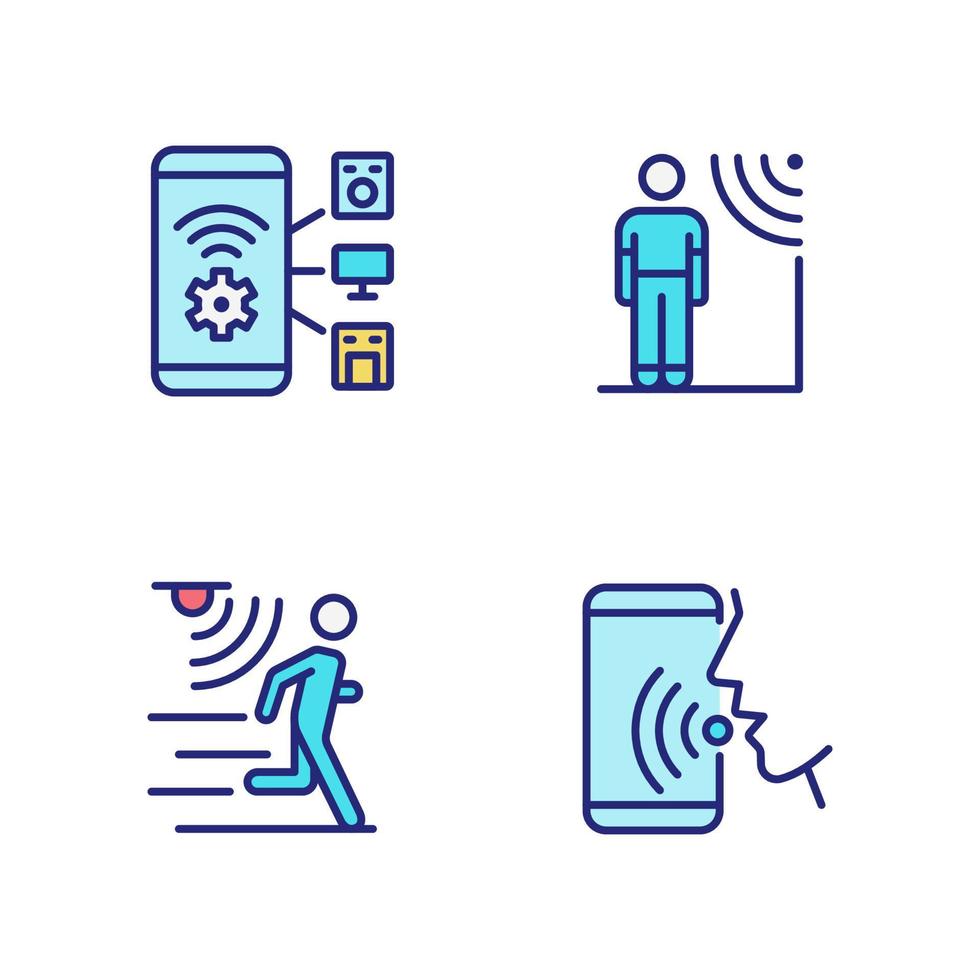 Sensor technology pixel perfect RGB color icons set. Mobile application for remote control. Internet of Things. Isolated vector illustrations. Simple filled line drawings collection. Editable stroke