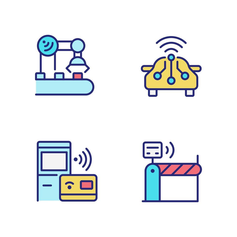Wireless technologies pixel perfect RGB color icons set. Remote device control. Internet of Things. Isolated vector illustrations. Simple filled line drawings collection. Editable stroke