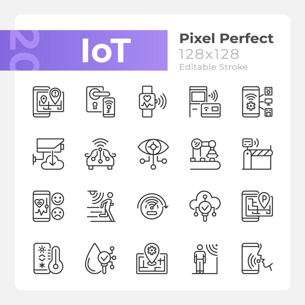 conjunto de iconos lineales perfectos de píxeles iot. regulación wifi. Internet de las Cosas. símbolos de línea fina personalizables. ilustraciones aisladas de contorno vectorial. trazo editable. fuente Quicksand-light utilizada vector