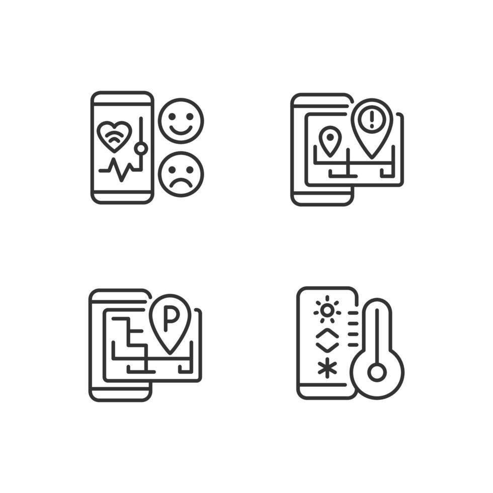 Mobile applications pixel perfect linear icons set. Healthcare service. Internet of Things. Innovative tech. Customizable thin line symbols. Isolated vector outline illustrations. Editable stroke