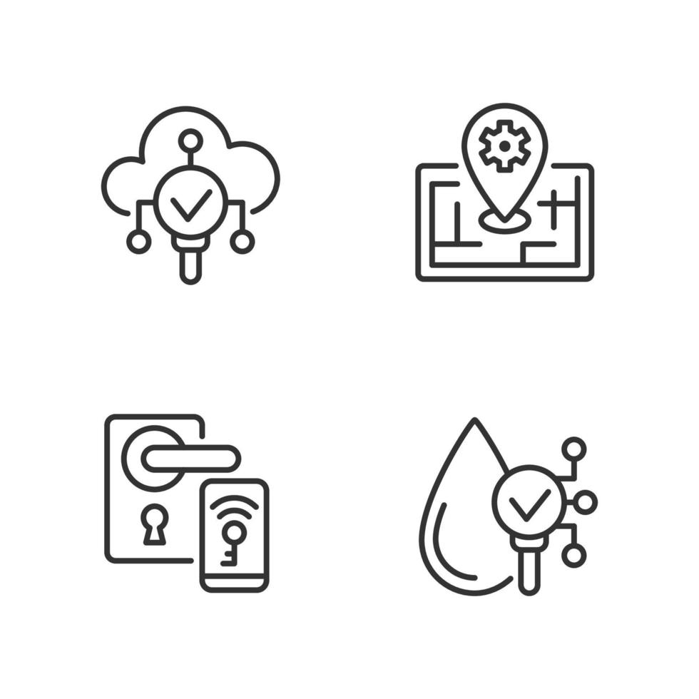 conjunto de iconos lineales perfectos de píxeles de tecnologías iot. dispositivo a prueba de agua. Internet de las Cosas. tecnología innovadora símbolos de línea fina personalizables. ilustraciones aisladas de contorno vectorial. trazo editable vector