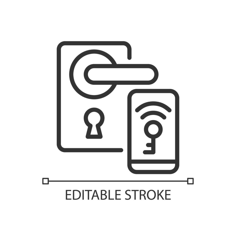 Smart locks pixel perfect linear icon. Unlock door with remote application. Internet of Things. Thin line illustration. Contour symbol. Vector outline drawing. Editable stroke. Arial font used
