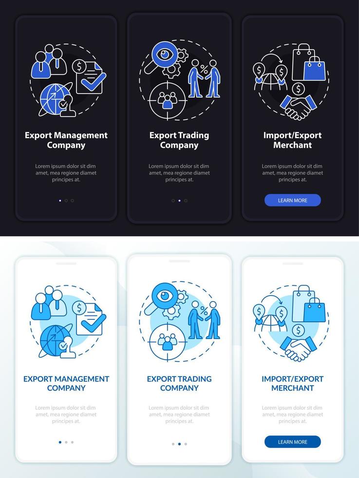 Types of export business night and day mode onboarding mobile app screen. Walkthrough 3 steps graphic instructions pages with linear concepts. UI, UX, GUI template. vector