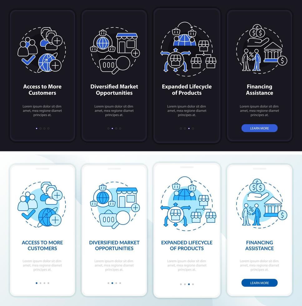 Export business advantages night, day mode onboarding mobile app screen. Walkthrough 4 steps graphic instructions pages with linear concepts. UI, UX, GUI template. vector