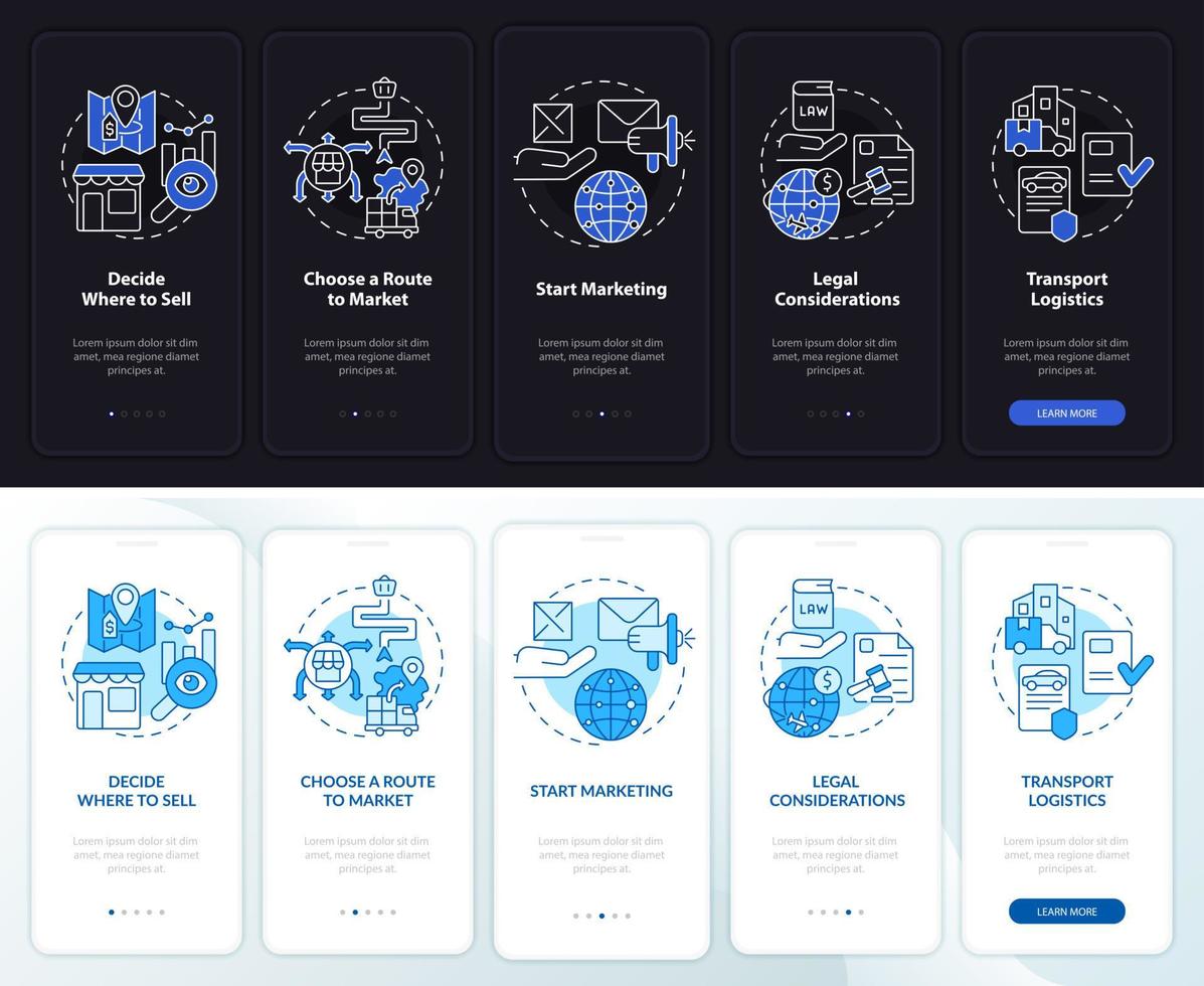 Export business tips night and day mode onboarding mobile app screen. Walkthrough 5 steps graphic instructions pages with linear concepts. UI, UX, GUI template. vector