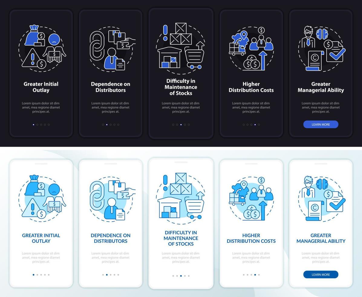 Export business struggles night, day mode onboarding mobile app screen. Walkthrough 5 steps graphic instructions pages with linear concepts. UI, UX, GUI template. vector