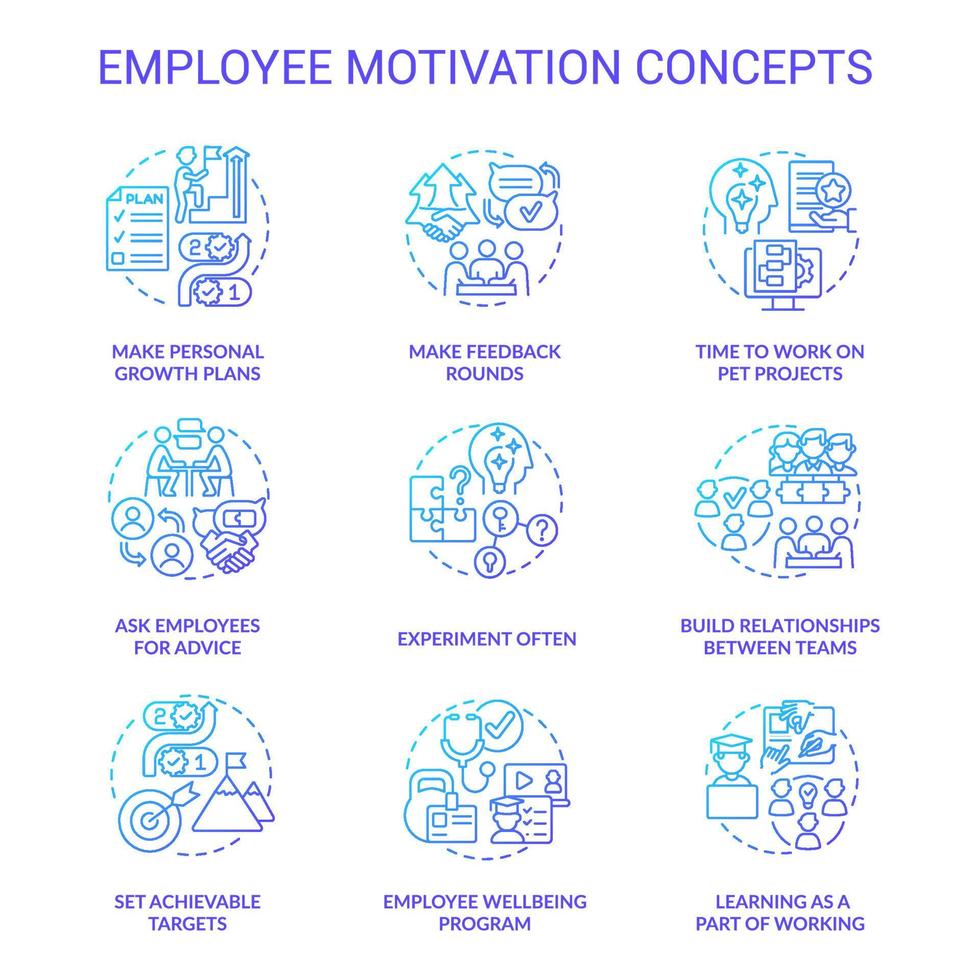 Employee motivation blue gradient concept icons set. Worker wellbeing idea thin line color illustrations. Build relationships between teams. Isolated symbols. vector