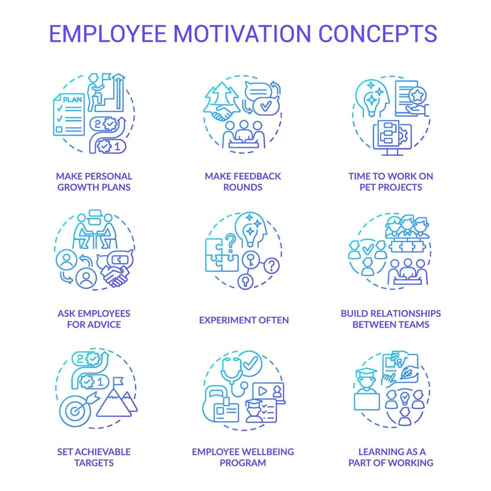 conjunto de iconos de concepto de gradiente azul de motivación de los empleados. ilustraciones de color de línea delgada de idea de bienestar de trabajador. establecer relaciones entre los equipos. símbolos aislados. vector