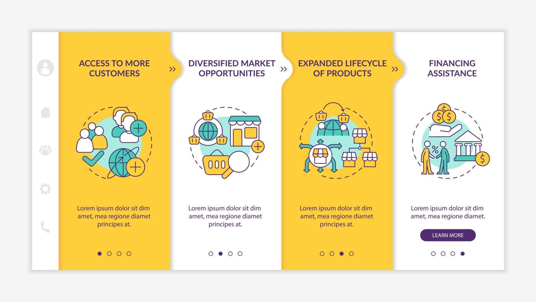 plantilla de incorporación amarilla de ventajas comerciales de exportación. vendiendo en el extranjero. sitio web móvil receptivo con iconos de concepto lineal. Tutorial de página web Pantallas de 4 pasos. vector