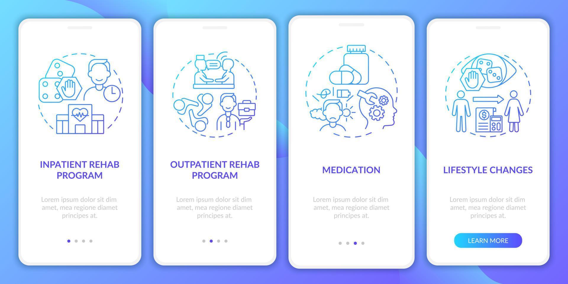 Gambling addiction treatment blue gradient onboarding mobile app screen. Walkthrough 4 steps graphic instructions pages with linear concepts. UI, UX, GUI template. vector