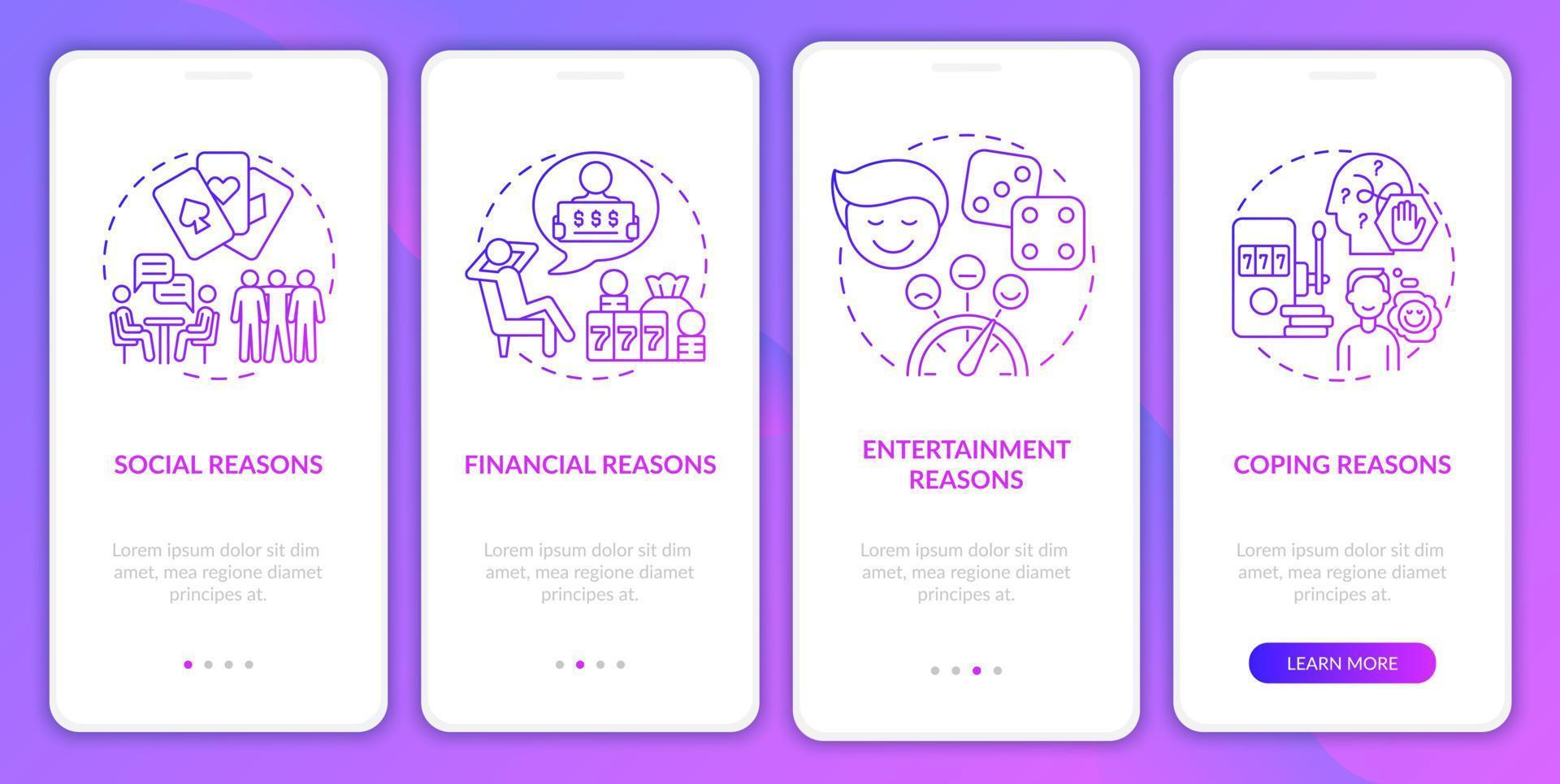 Reasons to gamble purple gradient onboarding mobile app screen. Walkthrough 4 steps graphic instructions pages with linear concepts. UI, UX, GUI template. vector