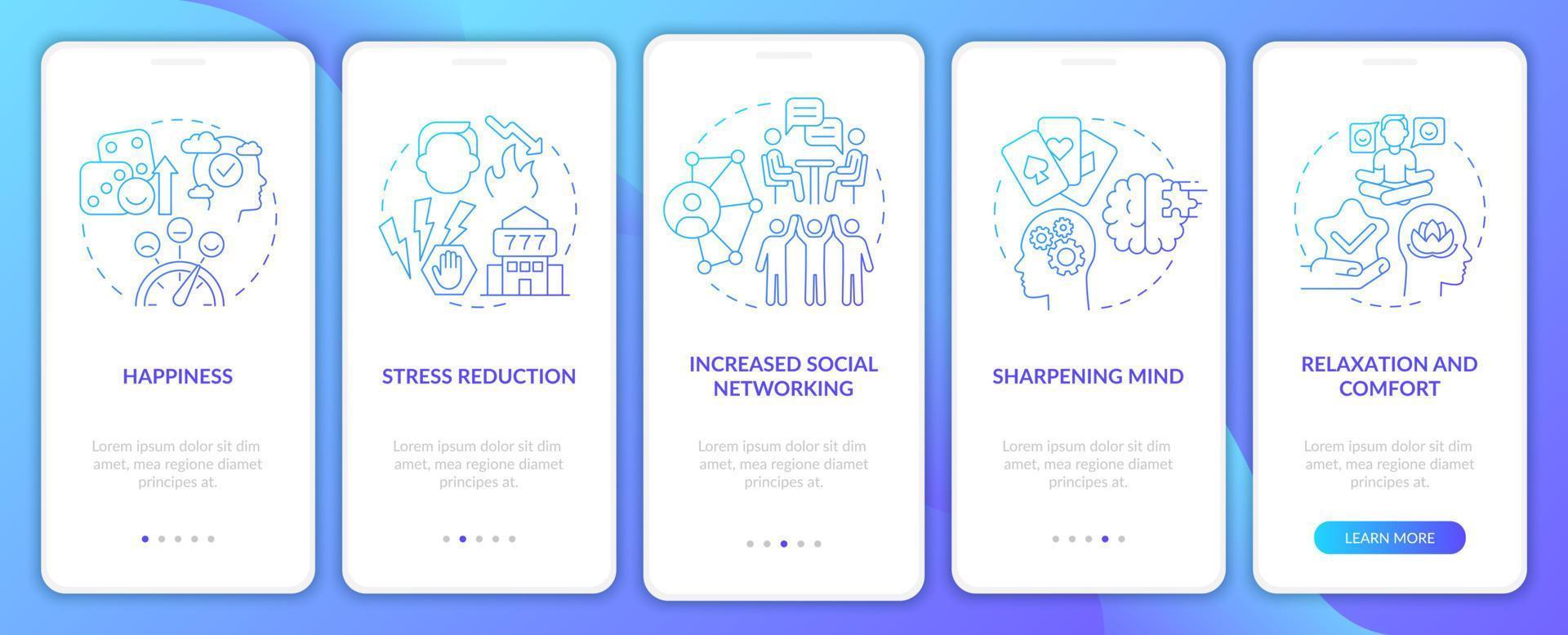 Gambling benefits blue gradient onboarding mobile app screen. Hobby walkthrough 5 steps graphic instructions pages with linear concepts. UI, UX, GUI template. vector
