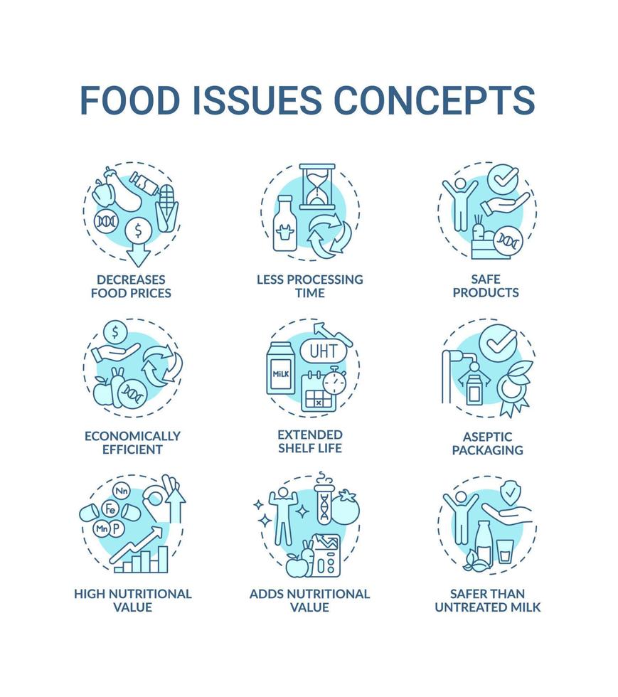 Food issues turquoise concept icons set. Preserve products. Processing technology idea thin line color illustrations. Isolated symbols. Editable stroke. vector