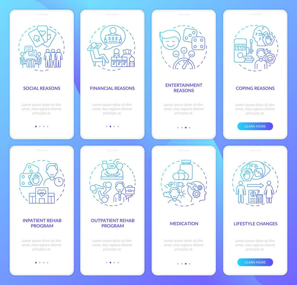 Gambling psychology blue gradient onboarding mobile app screen set. Walkthrough 5 steps graphic instructions pages with linear concepts. UI, UX, GUI template. vector