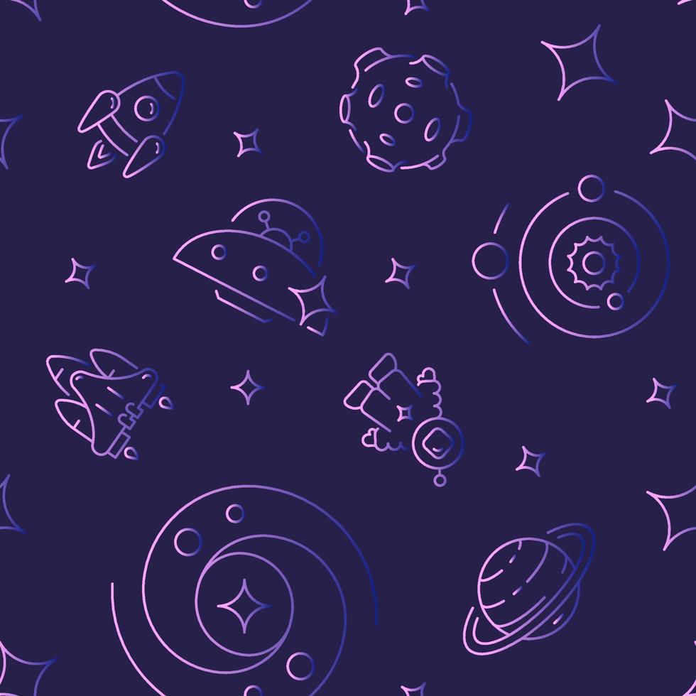 Extraterrestrial life abstract seamless pattern. Vector shapes on dark purple background. Trendy texture with cartoon color icons. Design with graphic elements for interior, fabric, website decoration