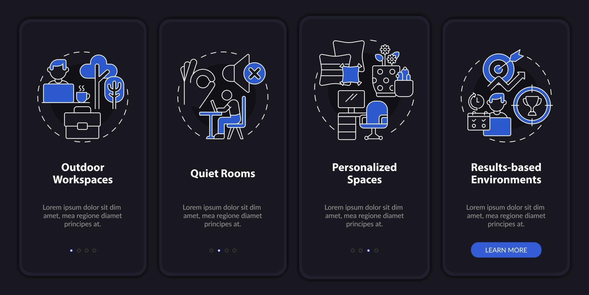 Creating positive work culture night mode onboarding mobile app screen. Walkthrough 4 steps graphic instructions pages with linear concepts. UI, UX, GUI template. vector