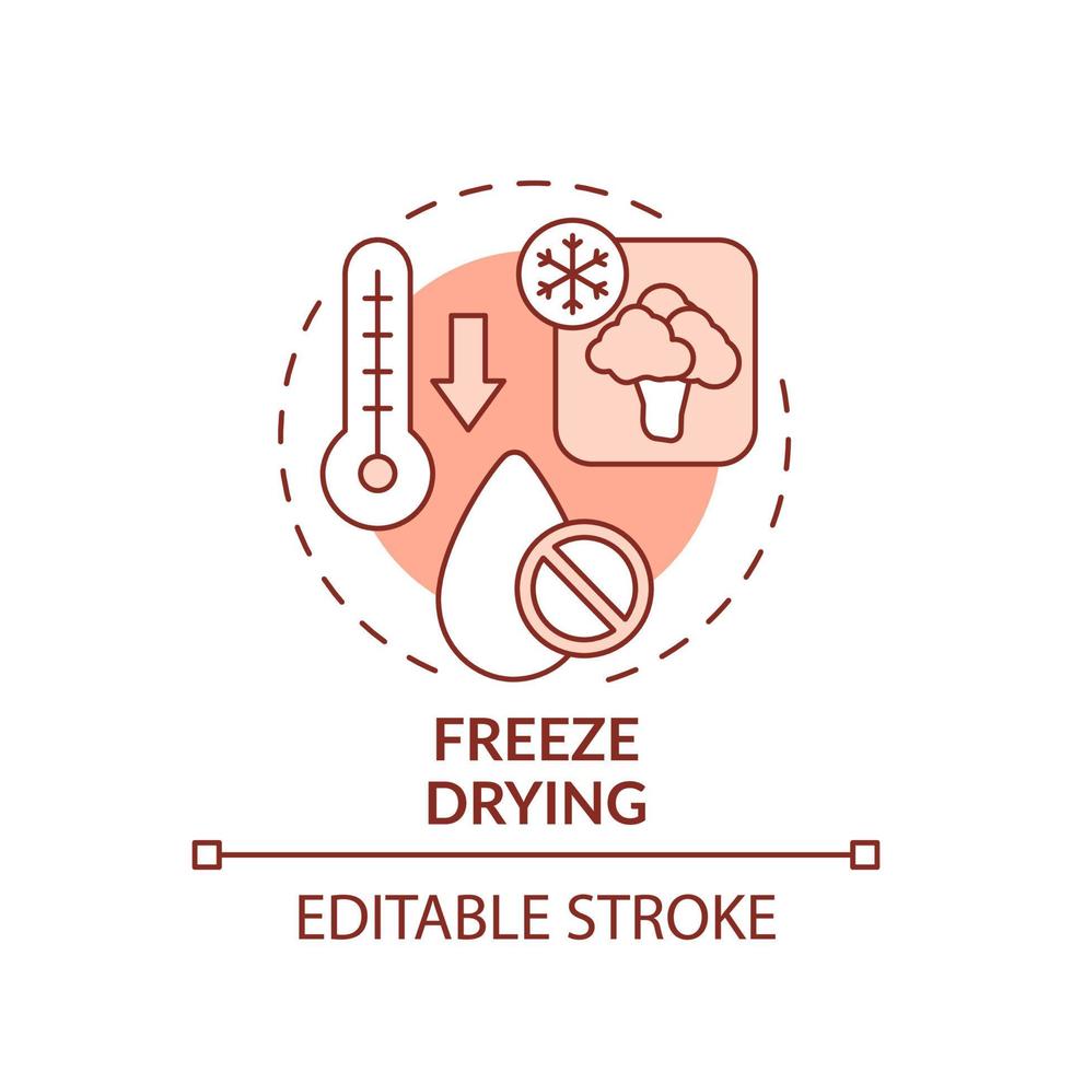 Freeze drying red concept icon. Low temperature dehydration. Food technology abstract idea thin line illustration. Isolated outline drawing. Editable stroke. vector