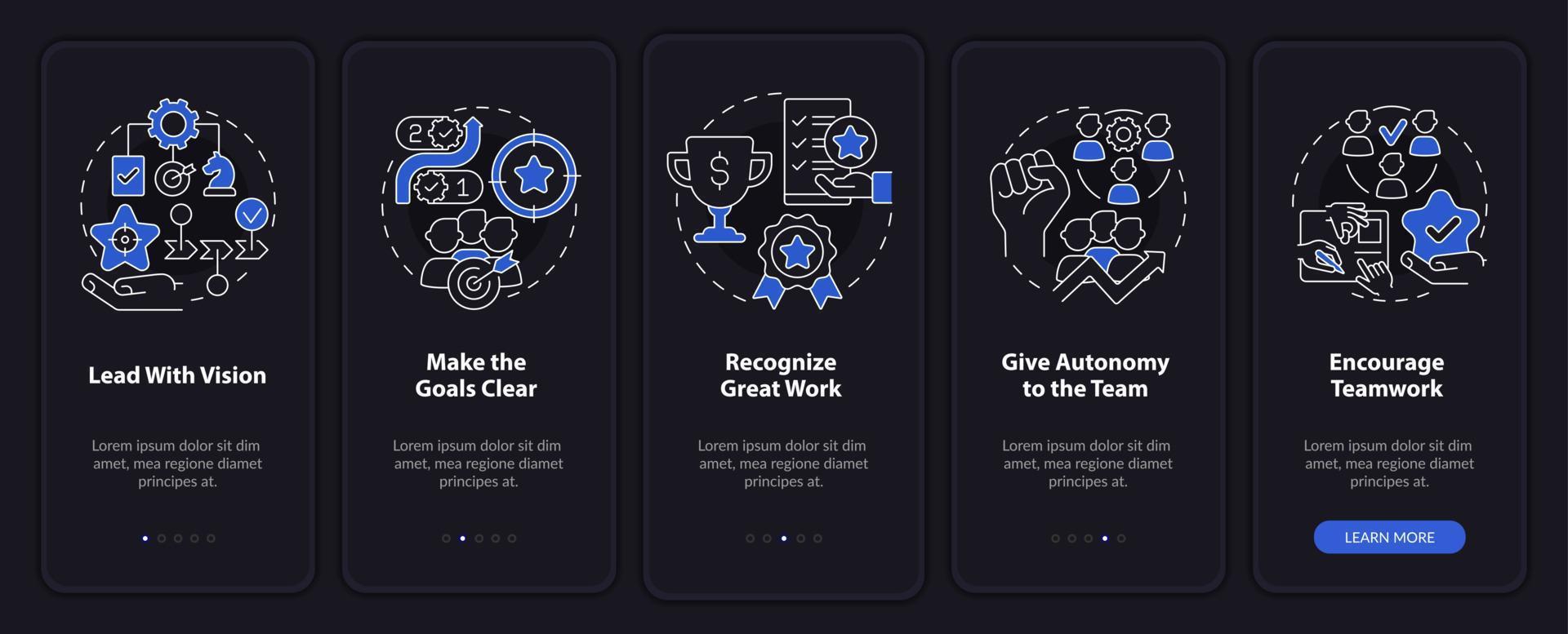 Improving employee wellness night mode onboarding mobile app screen. Walkthrough 5 steps graphic instructions pages with linear concepts. UI, UX, GUI template. vector