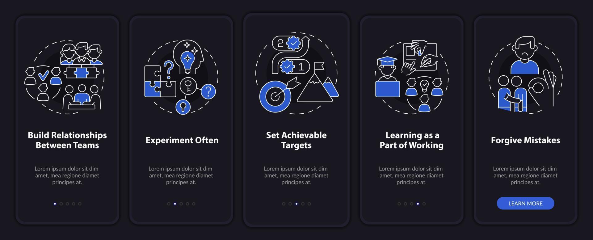 Worker commitment ideas night mode onboarding mobile app screen. Walkthrough 5 steps graphic instructions pages with linear concepts. UI, UX, GUI template. vector