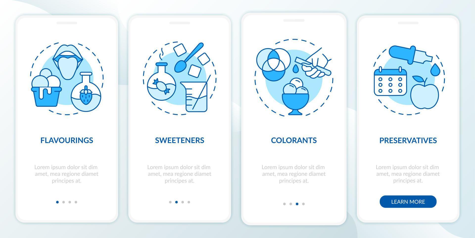 Food additives blue onboarding mobile app screen. Synthetic and natural walkthrough 4 steps graphic instructions pages with linear concepts. UI, UX, GUI template. vector