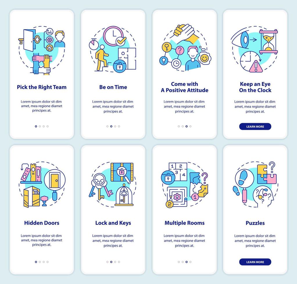 Escape room experience onboarding mobile app screen set. Solving puzzles walkthrough 4 steps graphic instructions pages with linear concepts. UI, UX, GUI template. vector