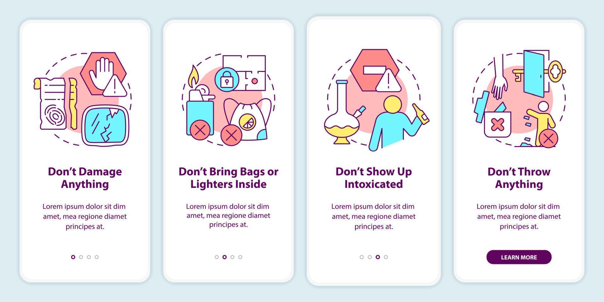 Escape room rules onboarding mobile app screen. Avoid damage anything walkthrough 4 steps graphic instructions pages with linear concepts. UI, UX, GUI template. vector