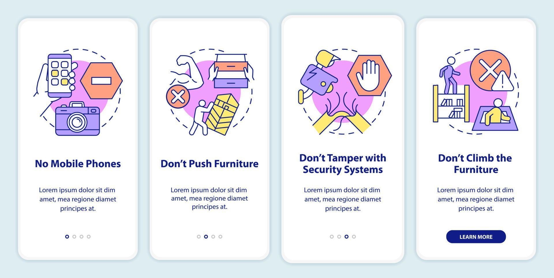 Escape room prohibitions onboarding mobile app screen. No mobile phones walkthrough 4 steps graphic instructions pages with linear concepts. UI, UX, GUI template. vector