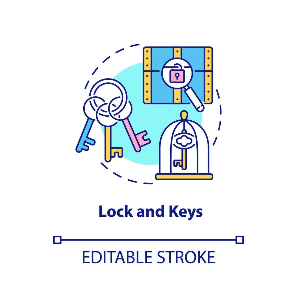 Lock and keys concept icon. Escape room attribute abstract idea thin line illustration. Old-fashioned security products. Isolated outline drawing. Editable stroke. vector