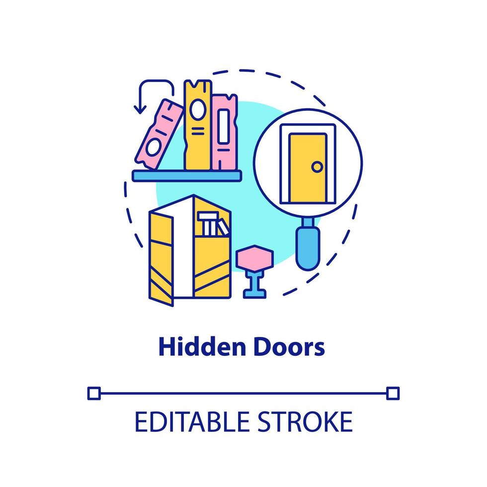 Hidden doors concept icon. Escape room feature abstract idea thin line illustration. Secret bookcases. Extra storage. Isolated outline drawing. Editable stroke. vector