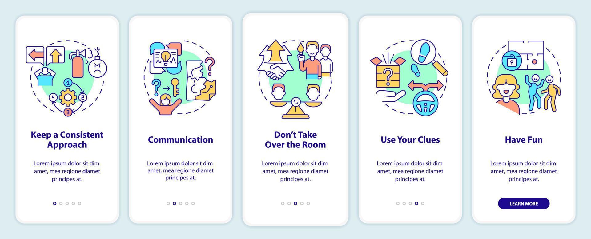 Escape room approaches onboarding mobile app screen. Communication walkthrough 5 steps graphic instructions pages with linear concepts. UI, UX, GUI template. vector