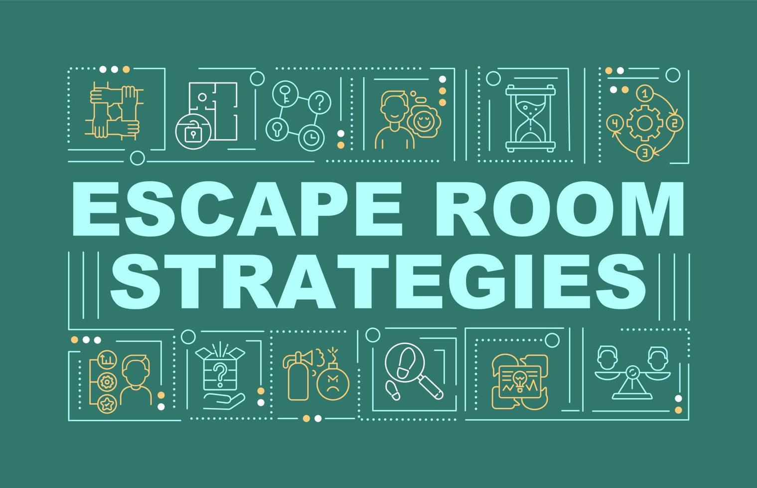 Escape room successful strategies word concepts dark green banner. Infographics with icons on color background. Isolated typography. Vector illustration with text.