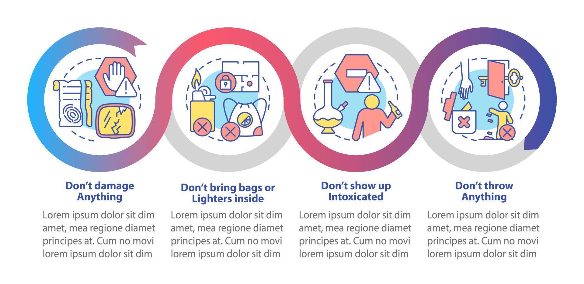 Escape room regulations loop infographic template. Fire hazard. Data visualization with 4 steps. Process timeline info chart. Workflow layout with line icons. vector