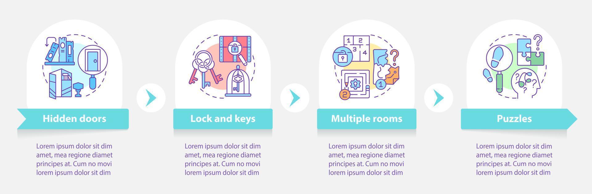 Escape room aspects round infographic template. Hidden doors. Data visualization with 4 steps. Process timeline info chart. Workflow layout with line icons. vector