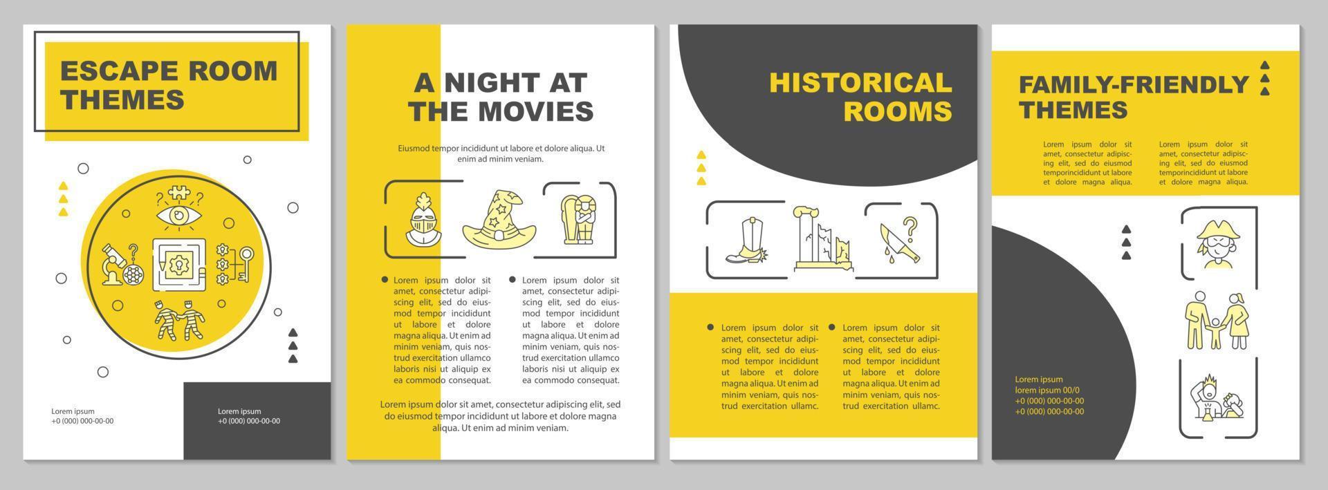 Escape room thematic ideas yellow brochure template. Family friendly design. Leaflet design with linear icons. 4 vector layouts for presentation, annual reports.