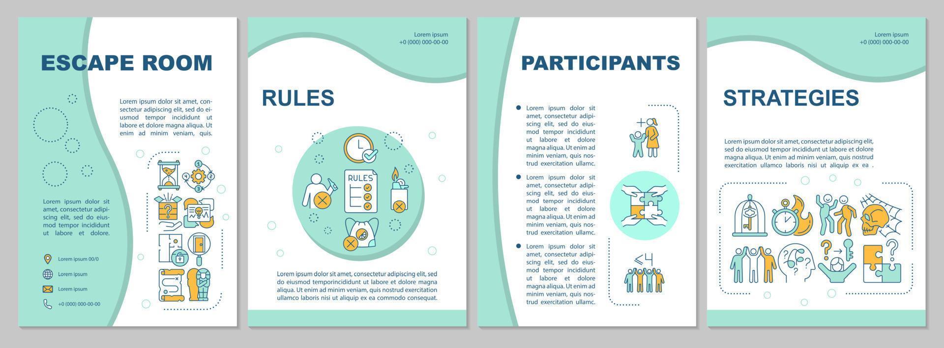 plantilla de folleto de menta de planificación de sala de escape. reglas y estrategias. diseño de folletos con iconos lineales. 4 diseños vectoriales para presentación, informes anuales. vector