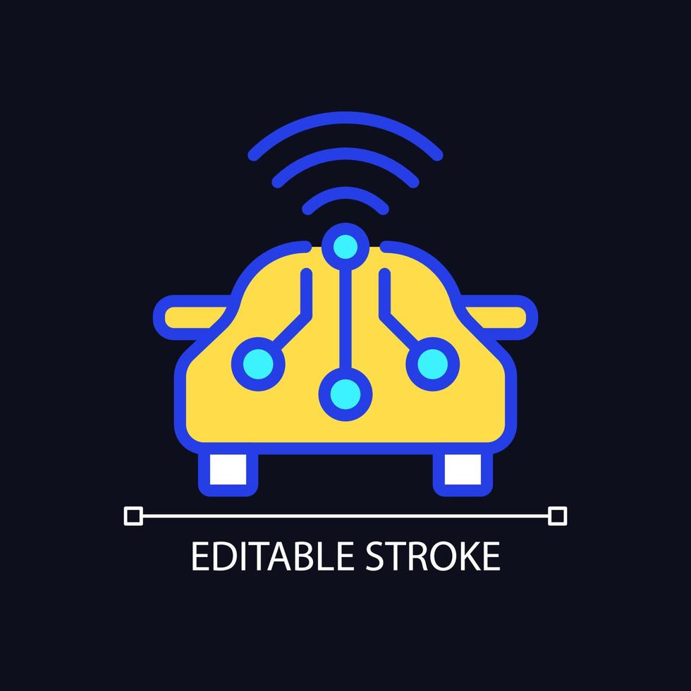 Smart car pixel perfect RGB color icon for dark theme. Remote access to automobile control. Internet of Things. Simple filled line drawing on night mode background. Editable stroke. vector