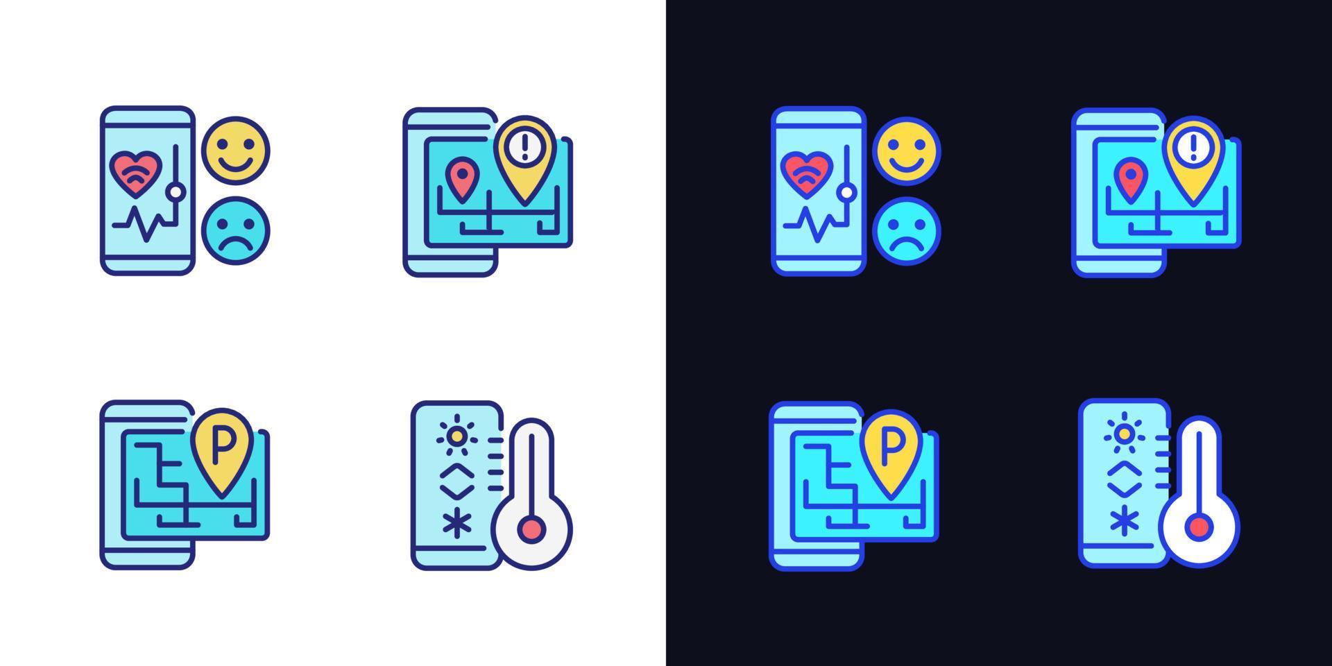 Mobile applications pixel perfect light and dark theme color icons set. Healthcare service. Internet of Things. Simple filled line drawings. Bright cliparts on white and black. Editable stroke vector